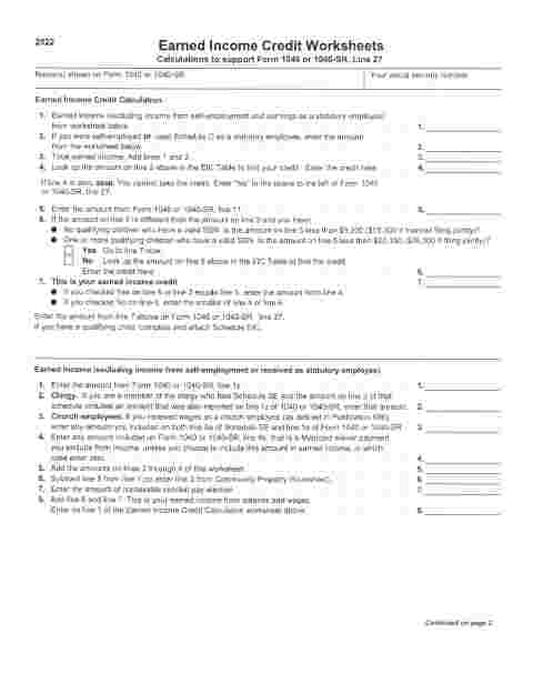 Tax Worksheet for earned income tax
